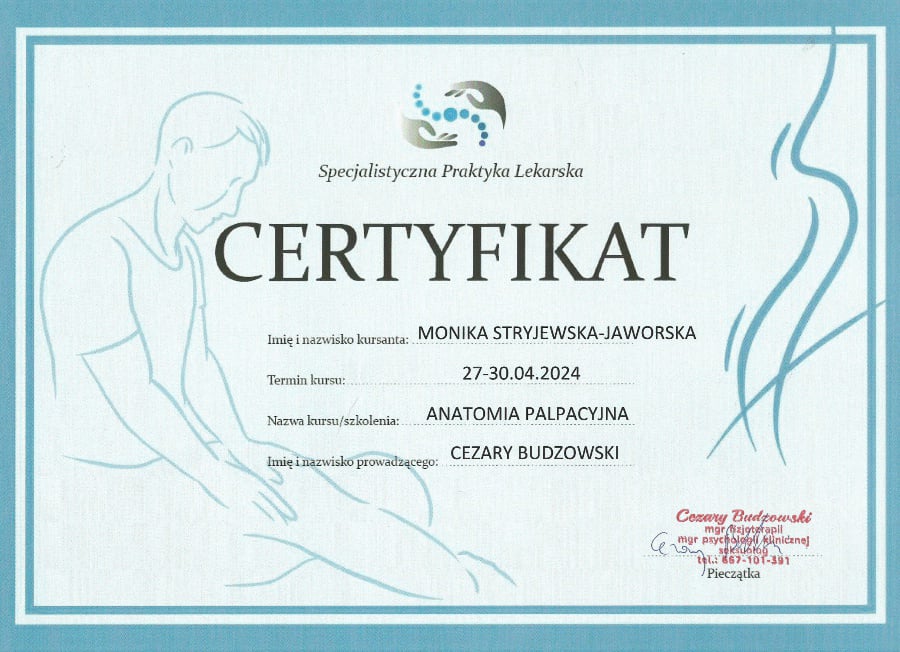 Certyfikat kursu masaż Anatomia Palpacyjna