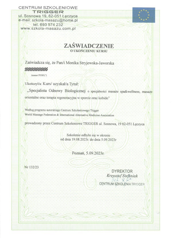 Zaświadczenie o kursie odnowy biologicznej
