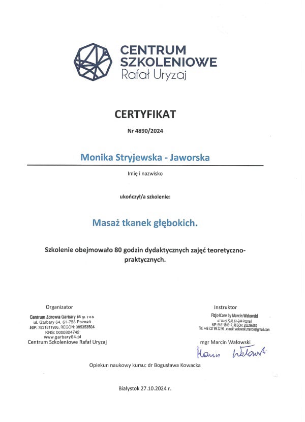 Certyfikat kursu masaż tkanek głębokich