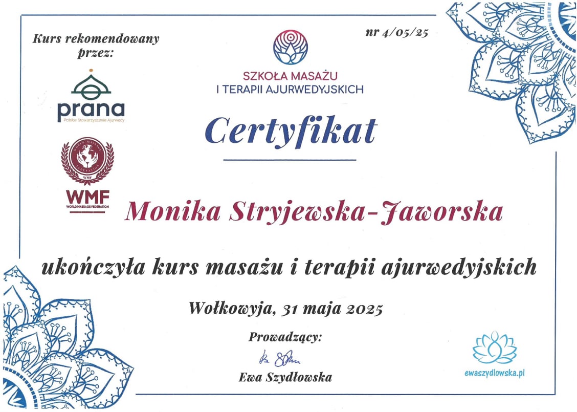 Certyfikat kursu masażu i terapii ajurwedyjskich
