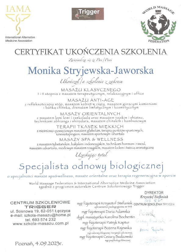 Certyfikat masaży odnowa biologiczna