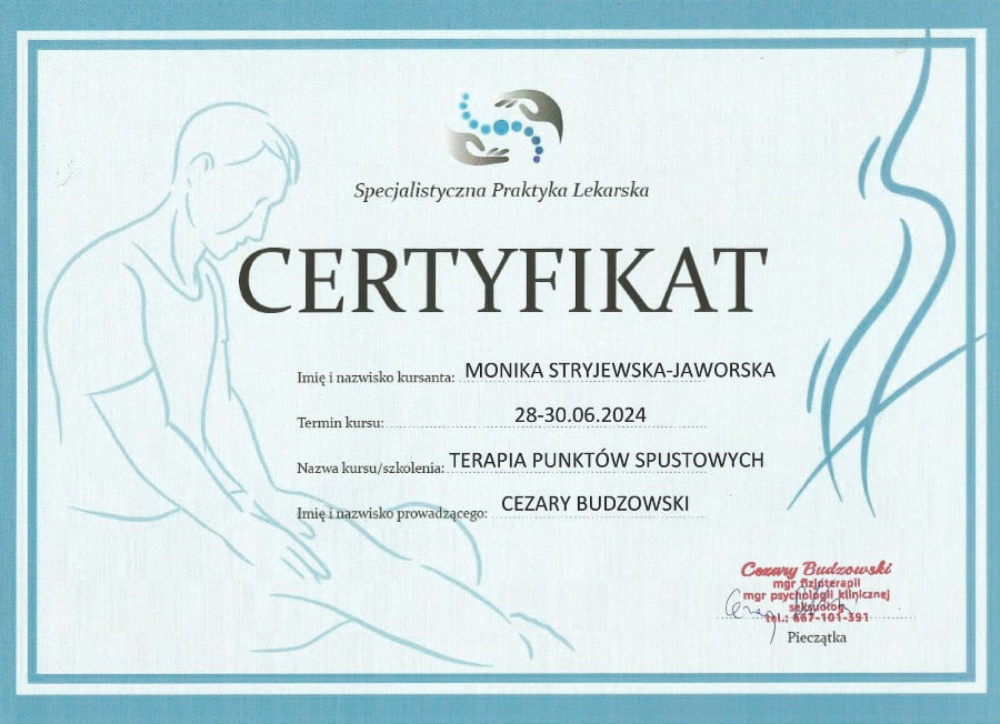 Certyfikat kursu masaż Terapia Punktów Spustowych